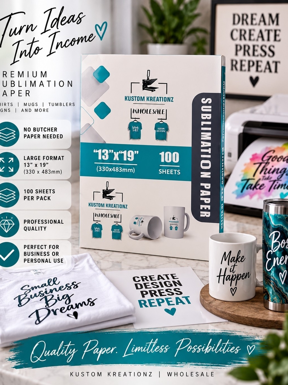 Kustom Kreationz 13x19 Sublimation Paper | 100 Sheets | NO Butcher Paper Needed